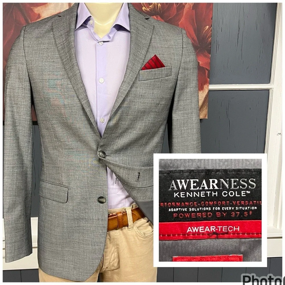Kenneth Cole Blazer Sport Jacket Mens 38L Long Slim Fit Wool Blend Stretch Gray